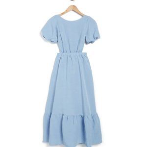ASTR Jelena Crew Neck Puff Sleeve Open Back Flounce Hem Midi Dress - Blue XS